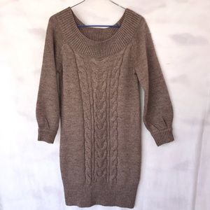 Pink Rose Tweed Beige Tan Off The Shoulder Sweater Dress Mini Thick Knit Dress